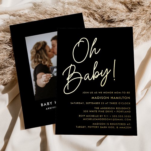 Oh Baby Black and Gold Script Photo Baby Shower Foil Invitation