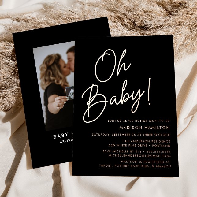 Oh Baby Black and Rose Gold Script Baby Shower Foil Invitation (Creator Uploaded)