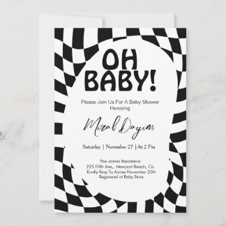 Oh Baby! Black Checkered Modern Baby Shower Invitation