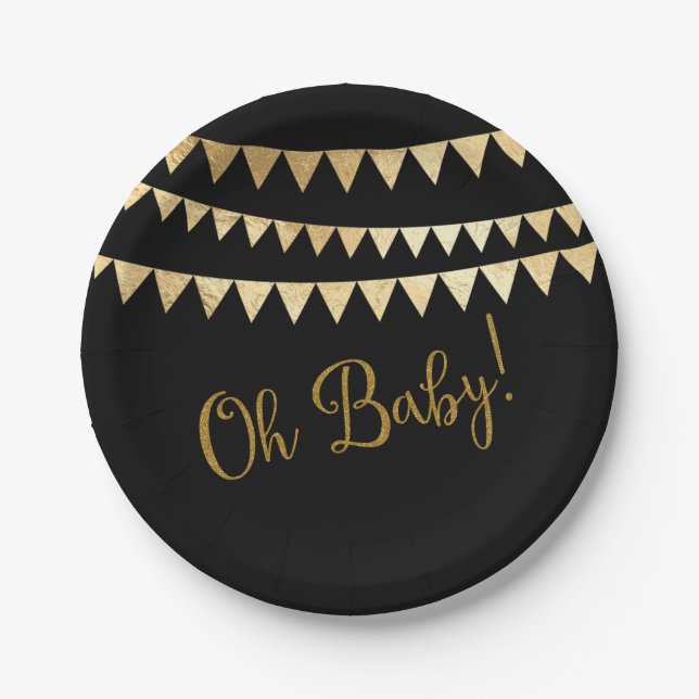 Oh Baby Black Gold Baby Shower Paper Plates (Front)
