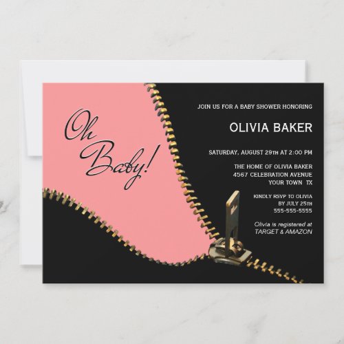 Oh Baby Black Pink with Gold Zipper Baby Shower Invitation