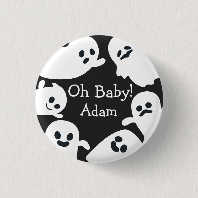 Oh Baby! Black & White Halloween Fall Baby Shower Button (Front)