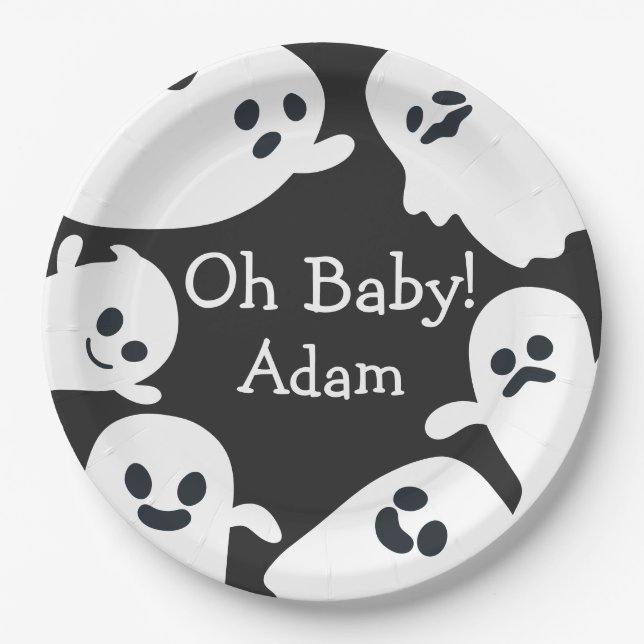 Oh Baby! Black & White Halloween Fall Baby Shower Paper Plates (Front)