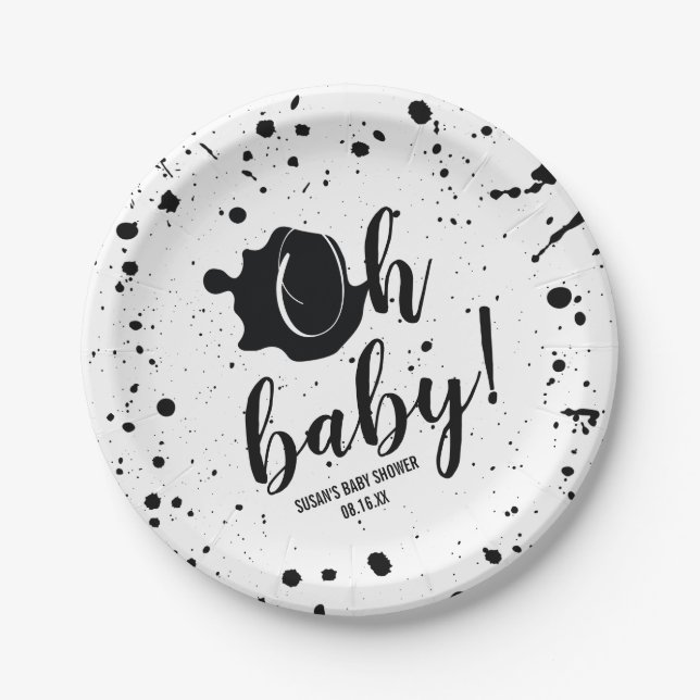 Oh Baby Black + White Splatter Unisex Baby Shower Paper Plates (Front)