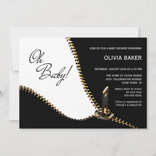 Oh Baby Black White with Gold Zipper Baby Shower Invitation