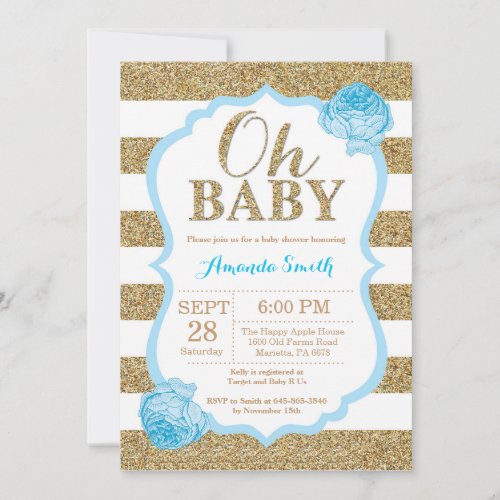 Oh Baby Blue and Gold Baby Shower Invitation