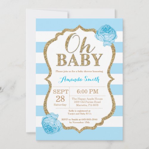 Oh Baby Blue and Gold Baby Shower Invitation