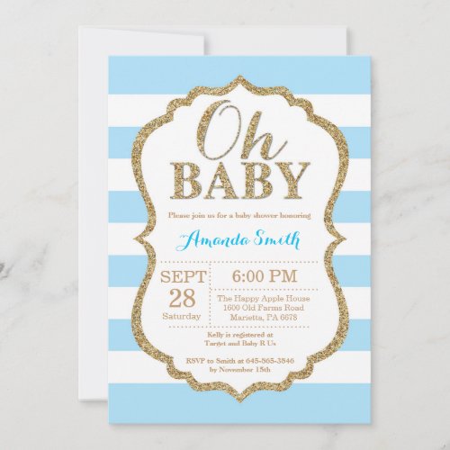 Oh Baby Blue and Gold Baby Shower Invitation