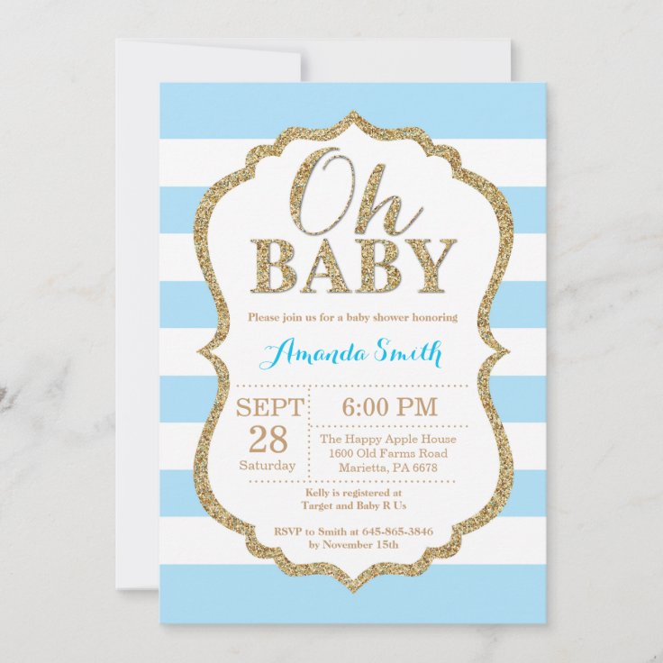 Oh Baby Blue and Gold Baby Shower Invitation | Zazzle