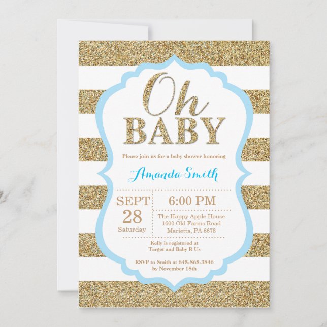 Oh Baby Blue and Gold Baby Shower Invitation (Front)