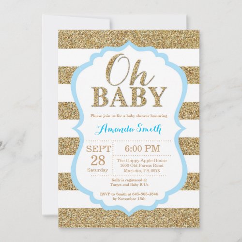 Oh Baby Blue and Gold Baby Shower Invitation