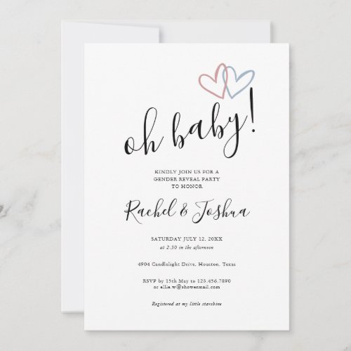 Oh Baby Blue And Pink Hearts Gender Reveal Party Invitation