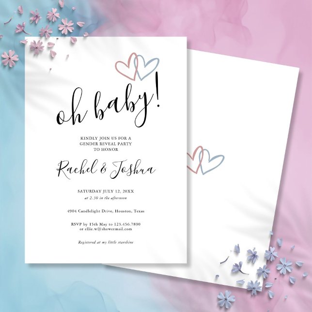 Oh Baby Blue And Pink Hearts Gender Reveal Party Invitation (Oh Baby Blue And Pink Hearts Gender Reveal Party Invitation)