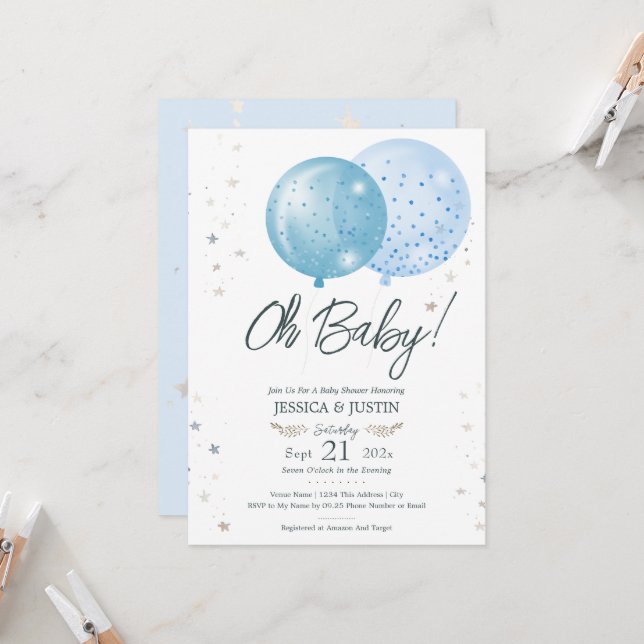 Oh Baby Blue Balloons Baby Shower Invitation (Front/Back In Situ)