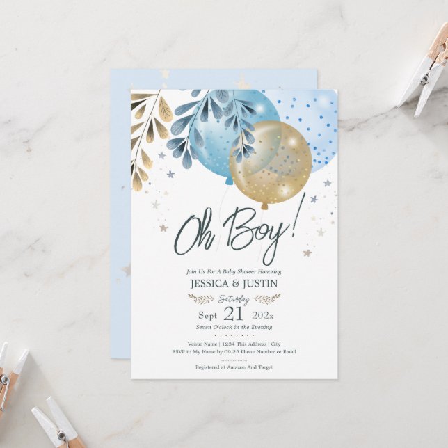 Oh Baby Blue Balloons Baby Shower Invitation (Front/Back In Situ)