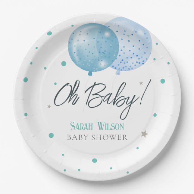 Oh Baby Blue Balloons Boy Baby Shower Paper Plates (Front)