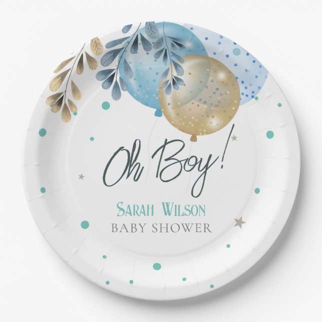 Oh Baby Blue Balloons Boy Baby Shower Paper Plates (Front)