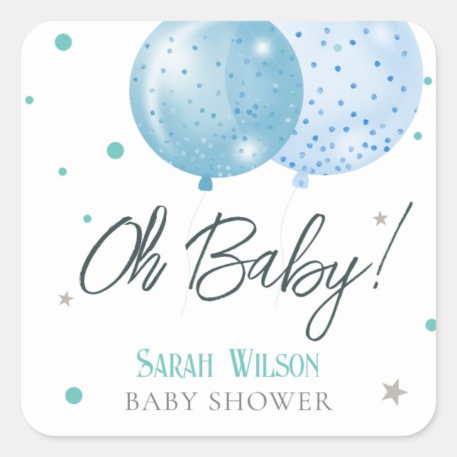 Oh Baby Blue Balloons Boy Baby Shower Square Sticker (Front)