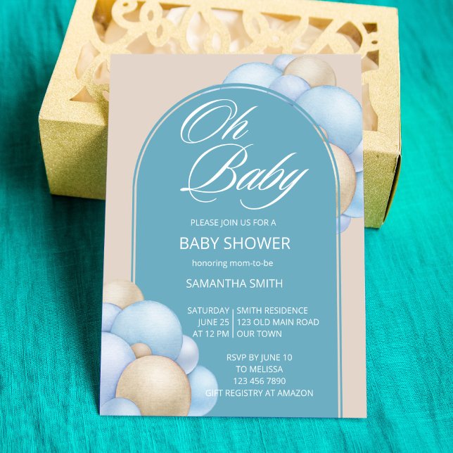 Oh baby blue beige balloons arch minimalist simple invitation (Creator Uploaded)
