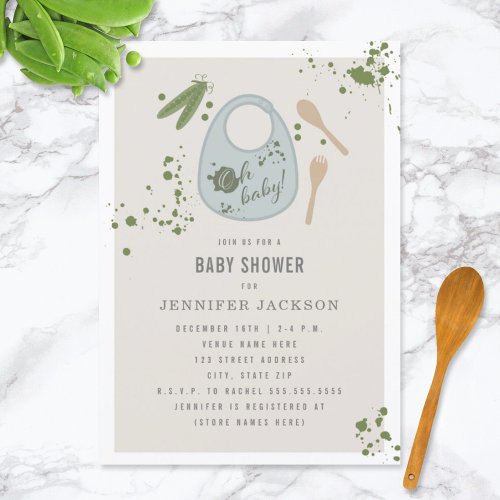 Oh Baby Blue Bib Peas Fork Spoon Boy Baby Shower Invitation