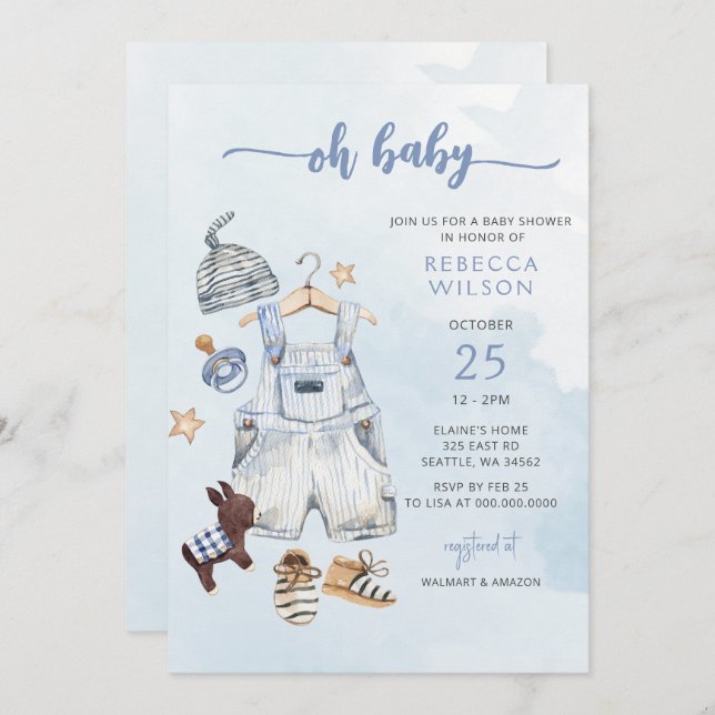 Oh Baby Blue Boho Boy Baby Shower Invitation (Front/Back)