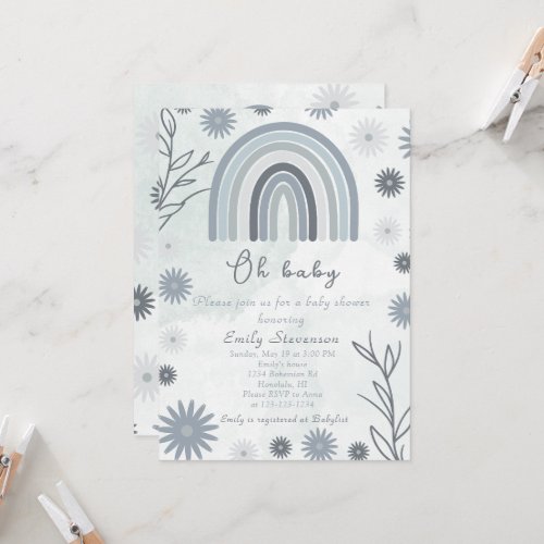 Oh Baby Blue Boho Floral Baby Shower Invitation