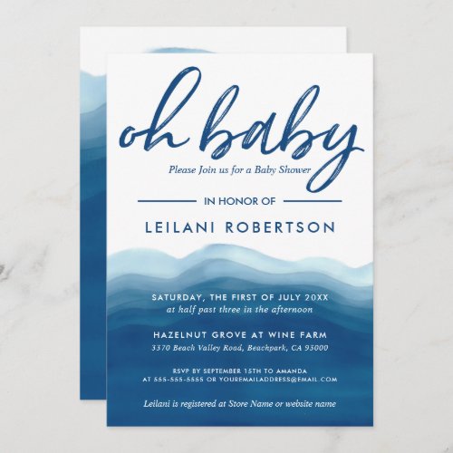 Oh Baby Blue Boy Baby Shower Watercolor Wave  Invitation