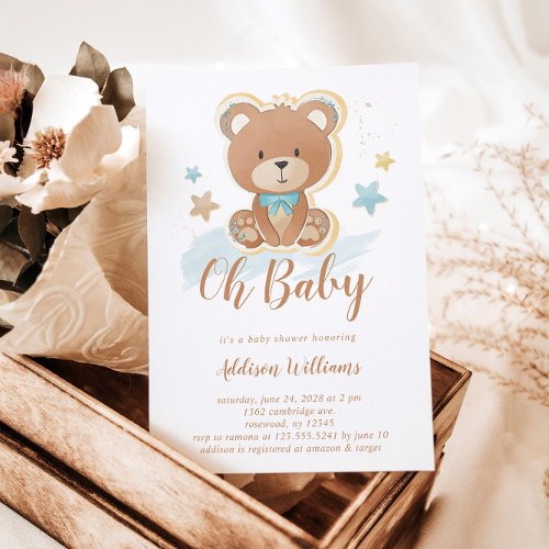 Oh Baby Blue Boy Teddy Bear Baby Shower Invitation