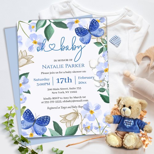 Oh Baby Blue Butterfly Floral Boy Baby Shower Invitation