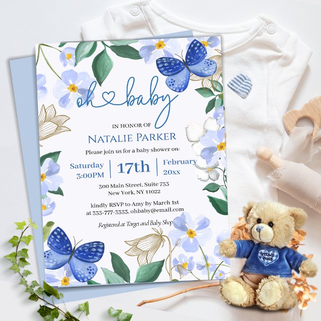 Oh Baby Blue Butterfly Floral Boy Baby Shower Invitation (Creator Uploaded)