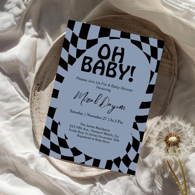 Oh Baby! Blue Checkered Modern Baby Shower  Invitation (Creator Uploaded)