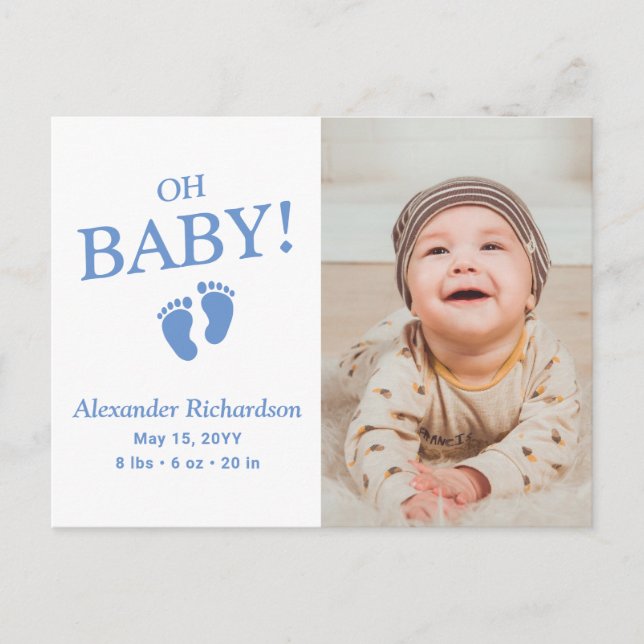 Oh Baby Blue Custom Photo Boy Birth Announcement (Front)