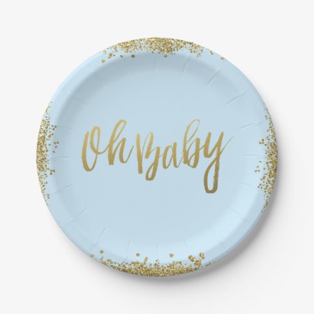 Oh Baby Blue Faux Gold Glitter Baby Shower Paper Plates