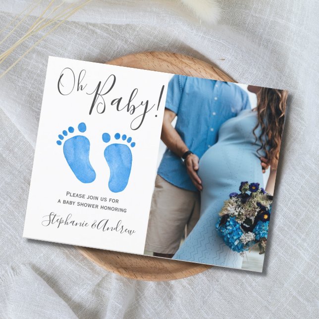Oh Baby Blue Feet Photo Baby Shower Invitation