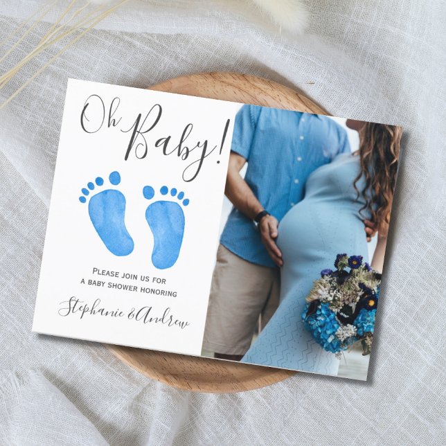 Oh Baby Blue Feet Photo Baby Shower Invitation Postcard (Creator Uploaded)