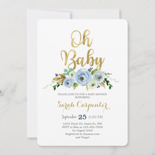 Oh Baby blue floral baby boy shower Invitation