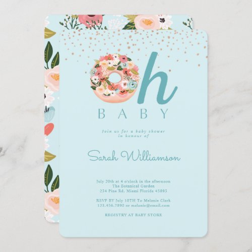 Oh Baby Blue Floral Botanical Donut Baby Shower Invitation