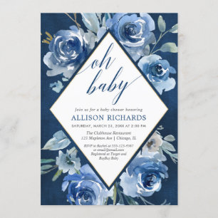 Oh baby blue floral watercolor boy baby shower invitation