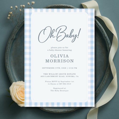 Oh Baby Blue Gingham Baby Shower Invitation