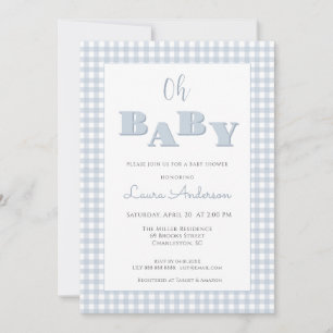 Oh Baby Blue Gingham Check Boy Baby shower Invitation