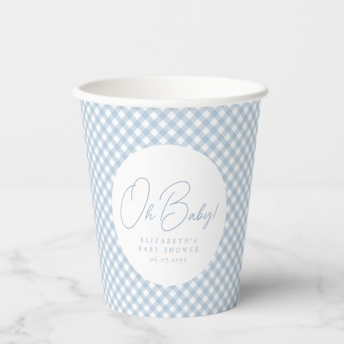 Oh baby blue gingham personalized baby shower paper cups