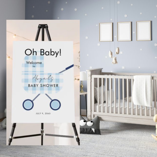 Oh Baby Blue Gingham Pram Baby Shower Welcome Foam Board (Creator Uploaded)