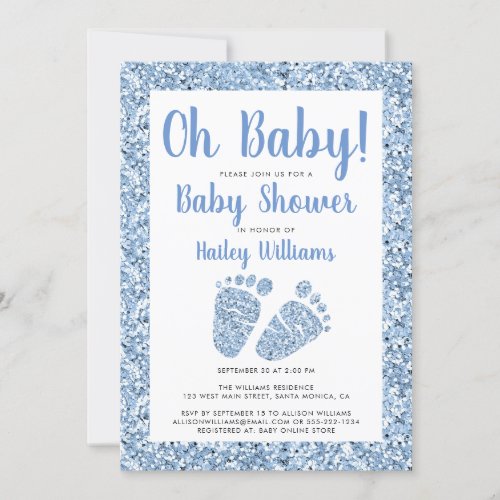 Oh Baby Blue Glitter Baby Feet Baby Shower Invitation