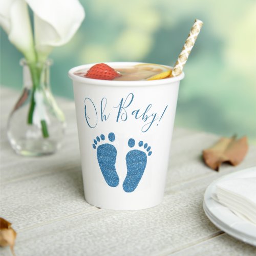 Oh Baby Blue Glitter Feet Baby Shower Paper Cups