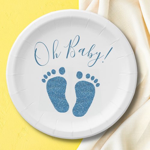 Oh Baby Blue Glitter Feet Baby Shower  Paper Plates