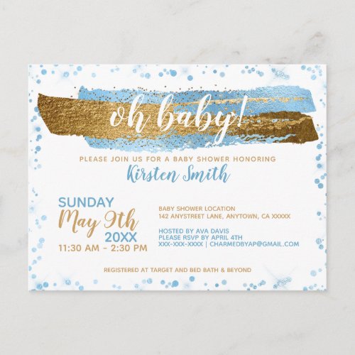 Oh Baby Blue  Gold Boy Baby Shower Invitations