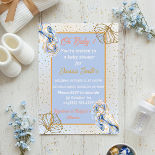 Oh Baby Blue Gold Ginkgo Leaf Baby Shower Invitation