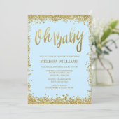 Oh Baby Blue Gold Glitter Baby Shower Invitation (Standing Front)