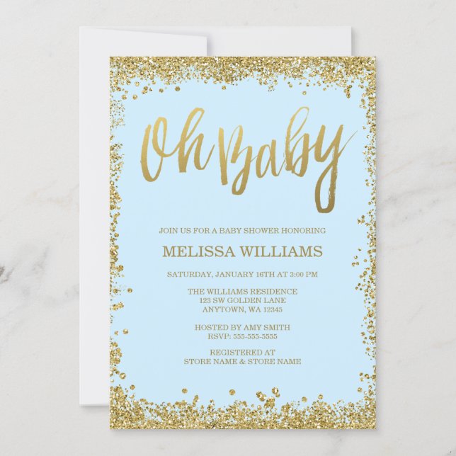 Oh Baby Blue Gold Glitter Baby Shower Invitation (Front)