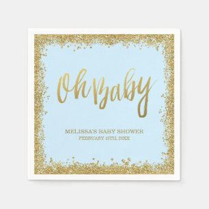 Oh Baby Blue Gold Glitter Baby Shower Paper Napkins
